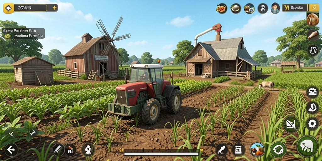 Screenshot GOWIN menunjukkan gameplay bertani yang seru dan interaktif.