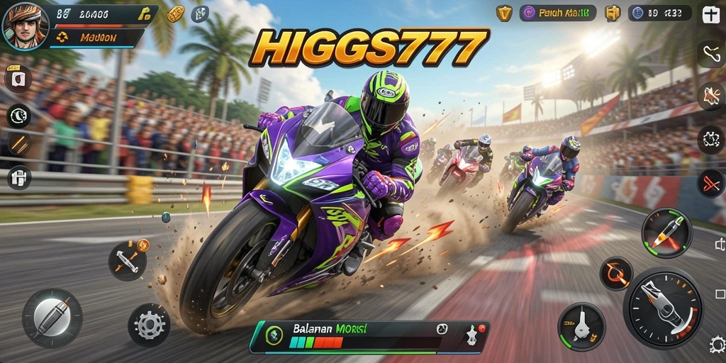 Screenshot HIGGS777 menunjukkan aksi balapan motor yang seru dan mendebarkan.