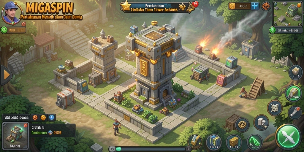 Tangkapan layar dari gameplay MIGASPIN yang menampilkan strategi Tower Defense yang seru.