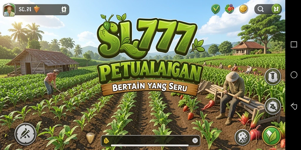 Tangkapan layar utama SL777 menampilkan lahan pertanian yang subur dan hewan ternak yang ceria.